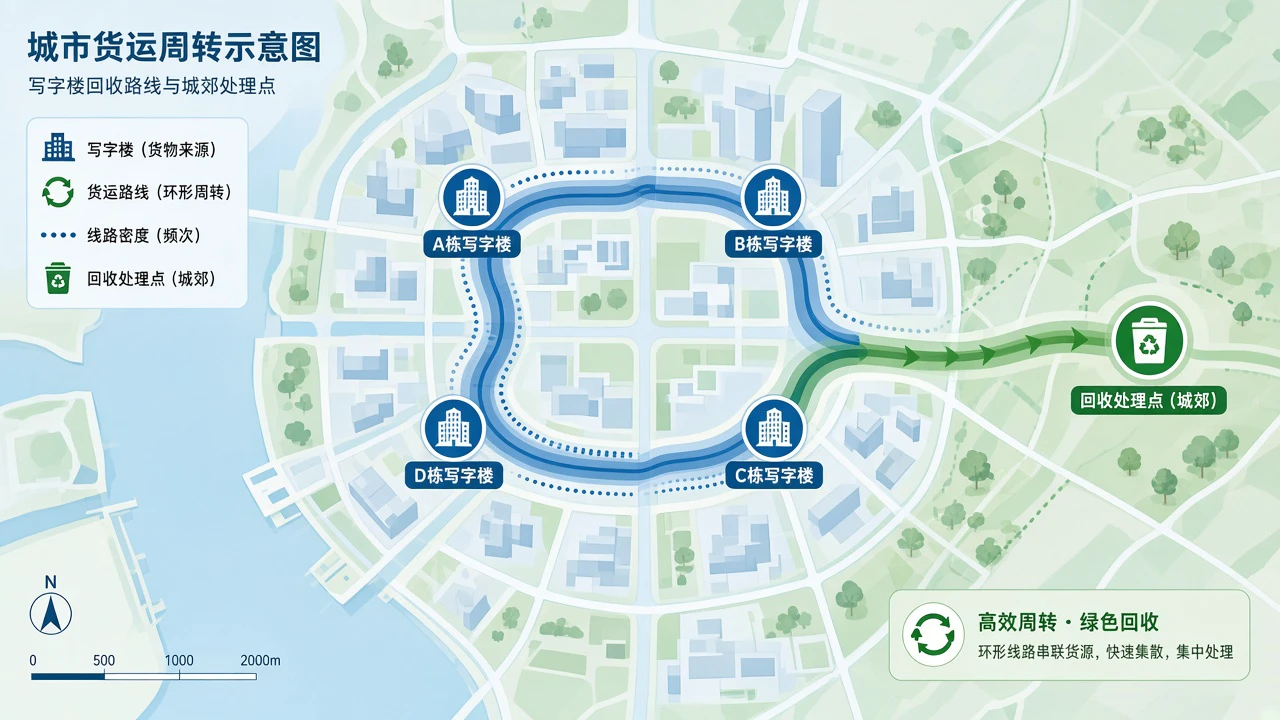 连接多栋写字楼与下游回收点的收运线路示意