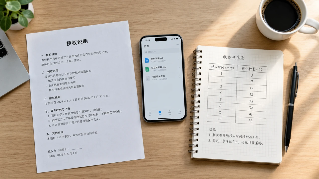 桌面上摆放授权说明文件与收益核算笔记